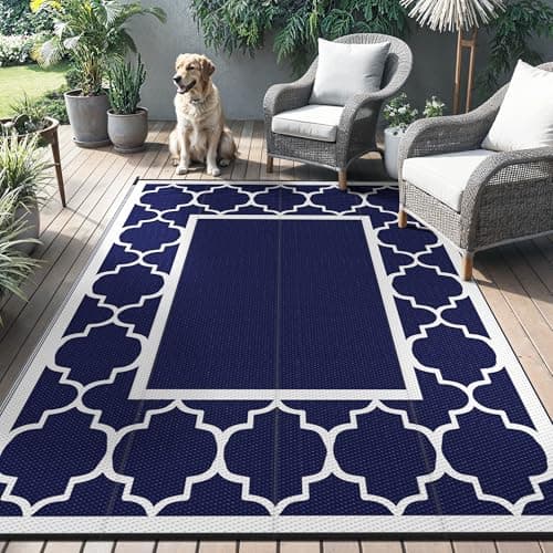 Image of GENIMO Outdoor Rug 120x180cm, Garden Rugs Waterproof Reversible Plastic Carpet, Washable Outdoor Mats for RV, Patio, Camping, Picnic, Deck, Camper, Blue & White