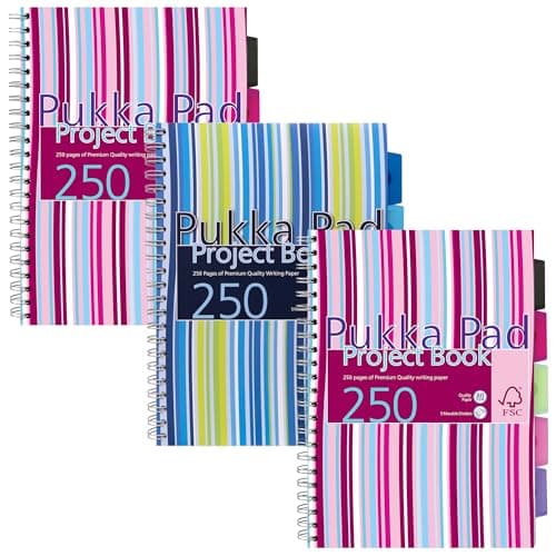 Image of Pukka Pad, A4 Stripes Project Book 3 Pack – 21 x 30cm – Wirebound Notebook 80GSM Paper – Includes Repositionable Dividers with Storage Pocket - 250 Pages