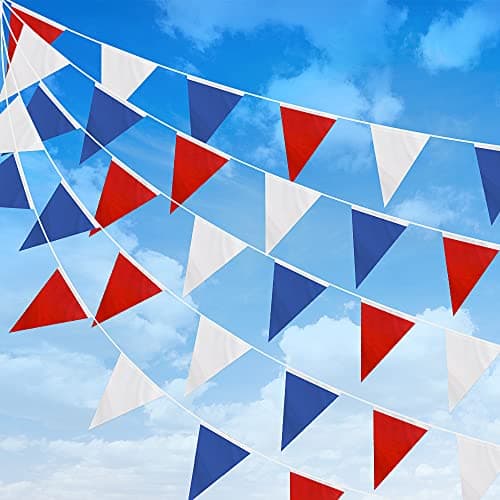 Image of DOJoykey Red Blue White Bunting Flags, 66ft Nylon Fabric Bunting Banner with 52pcs Triangle Flags for National Day, Birthday, Wedding,Mother‘s Day, Outdoor Garden Party Decoration