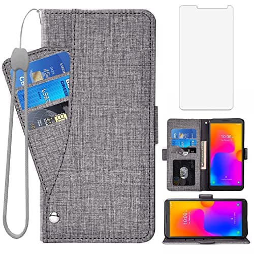 Image of Asuwish Compatible with Alcatel 1B 2022 Wallet Case Tempered Glass Screen Protector and Leather Flip Cover Card Holder Stand Cell Accessories Purse Credit ID Slot TPU Phone Cases for Women Men Gray