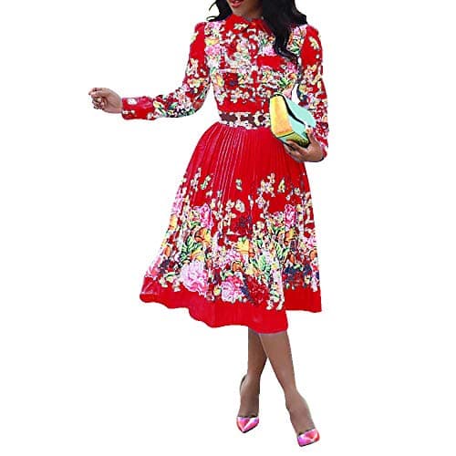 Image of VERWIN Lapel Three-Quarter Sleeve Knee Length Pleated Floral Women's Sheath Dress (X-Large, Red)