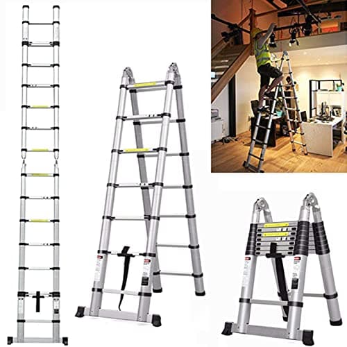 Image of Royalswill 3.8M Telescopic Ladder 12.5FT Extension 1.9M+1.9M A-Frame Multi-Purpose Folding Aluminium Telescoping Lightweight Portable Loft Ladders, 330lb Capacity, EN131, Silver