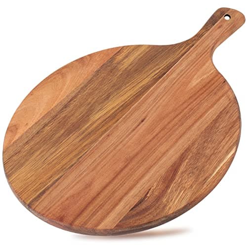 Image of Dicunoy Acacia Wood Charcuterie Boards, 12" Round Pizza Board with Handle, Cutting Board Cheese Paddle, Wooden Chopping Board, Pizza Peel Fruit Grazing Board Tray for Bread, Vegetables, RV, Camping