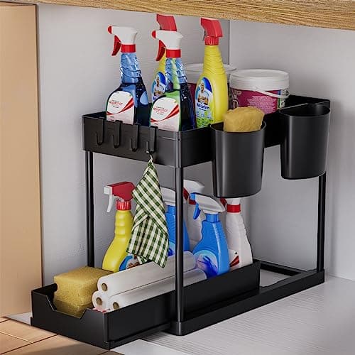 Image of AIXPI Under Sink Storage Kitchen Organiser, Bathroom Storage 2 Tier Pull Out Kitchen Storage Cupboard Organiser Under Sink shelf, Home Organisation for Cabinet