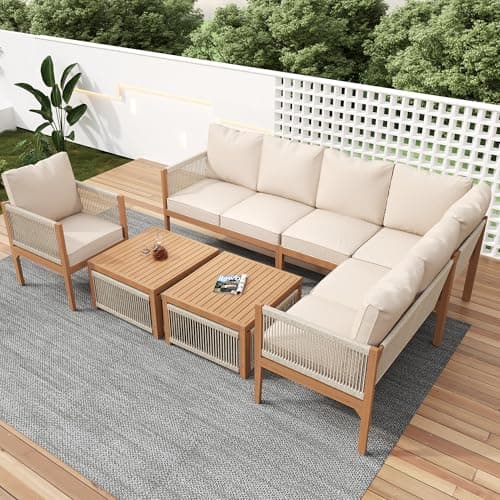 Image of BTM 6-7 Seater Garden Furniture Set, Acacia Wood Frame Outdoor Patio Furniture, Grey Rope Braided Garden Corner Sofa + Single Seats, Includes all Chairs and Backrest Cushions, Beige
