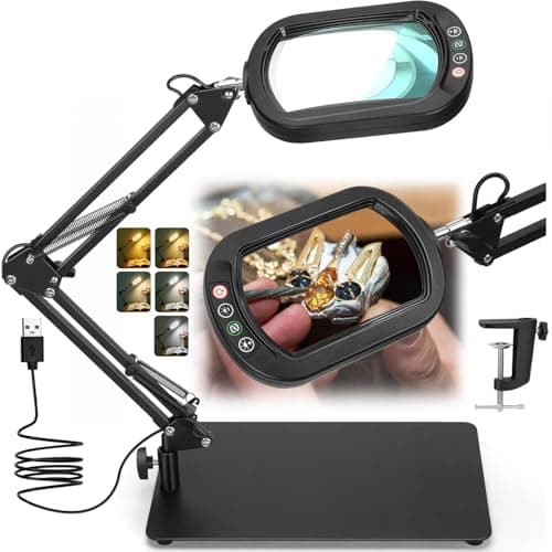 Image of Veemagni 10X Rectangle Magnifying Glass with Light and Stand, 5 Color Modes Stepless Dimmable, 2-in-1 LED Lighted Desk Lamp & Clamp, Hands Free Magnifier for Reading Crafts Repair Painting Close Work