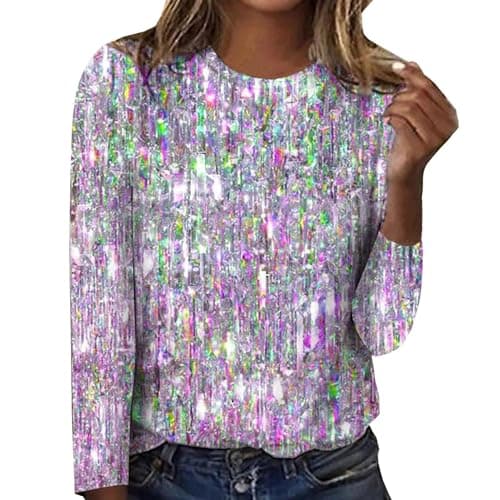 Image of Long Sleeve T Shirts Women Round Neck Printing Long Sleeve Tops Spring Blouses Fashion Casual Loose Tee Shirts Pullover Basic T-Shirt Tops Ladies Dressy Shirt Going Out Tops Shirts Tunics Purple