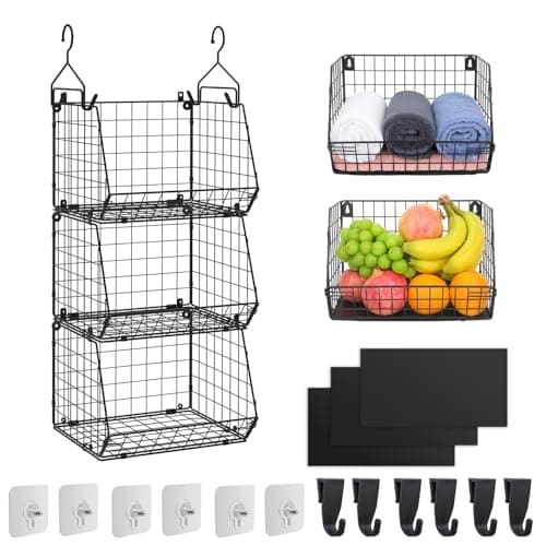 Image of Wuciray 3 Tier Fruit Baskets for Kitchens Metal Hanging Storage Organiser for Wardrobe Clothes Shelves Fruit Shelf Vegetable Rack Basket Wall Mounted Wire Fruit and Vegetable Storage Veg Rack