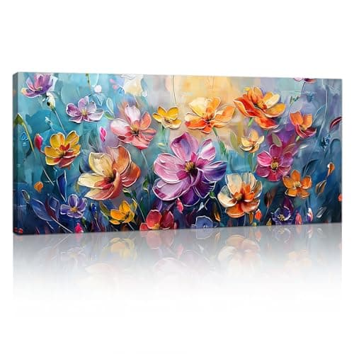 Image of FajerminArt Large Framed Canvas Wall Art, Colorful Vintage Flowers, Purple Red Floral Pictures Painting on Print Canvas Poster Decor for Living Room, Bedroom, Ready To Hang 120cm x 50cm