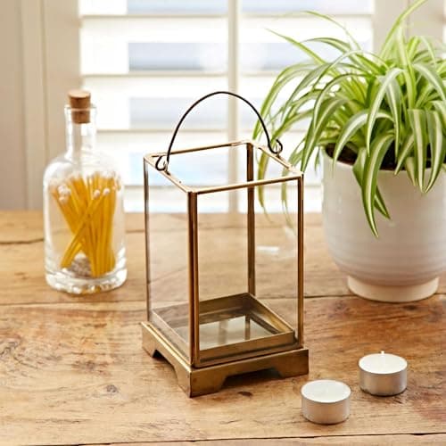 Image of Handmade Antique Effect Brass Candle Lantern - Hurricane Candle Holder for Pillar Candles - Decorative Candle Lanterns Indoor Outdoor - Wedding Centerpieces for Tables (Small)