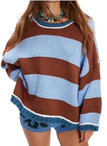 Image of CITASHION Women's Fall Long Sleeve Sweaters Striped Color Block Chunky Knit Crew Neck Oversized Loose Pullover Sweater, Blue Brown, XL