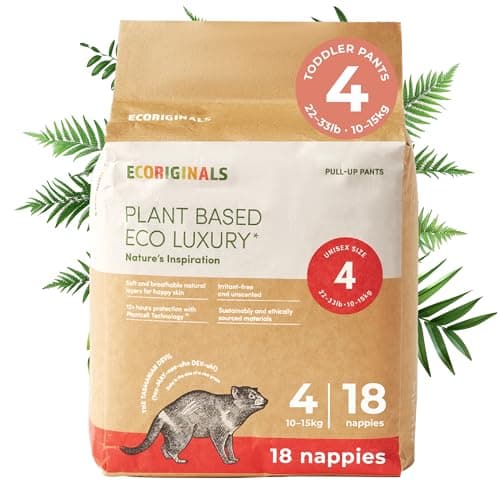 Image of Ecoriginals - 18 Eco Toddler Pull Up - Nappy Pants with 100% Plant-Based Layers, Disposable Pull Ups & Hypoallergenic Baby Essentials for Babies - Secure Fit Size 4 Nappies (10kg-15Kg), 1 Pack