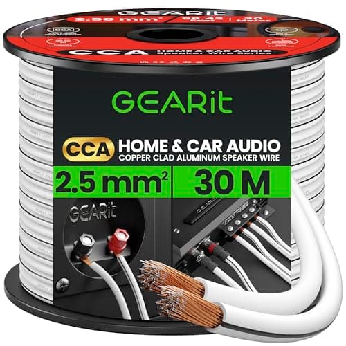 Image of GEARit 2x2.5mm² Speaker Cable 30M, 14AWG Twin Core Speaker Wire with Polarity Markings, Flexible CCA Copper Clad Aluminum Audio Cable for In-Wall Home Home Cinema, HiFi & Car Stereo - White