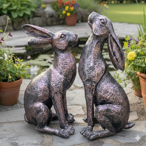 Image of My Square Mile Garden Ornaments Bronze Effect Resin Hares Set, Indoor Outdoor Moongazing and Alert Rabbit Sculptures, W17 x H36 x D16 cm (Set Of 2)