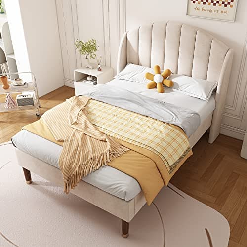 Image of BTM Upholstered Single Bed, 3FT Single Bed Frame with Headboard and Wooden Slatted Support, Youth Bed, Beige Velvet Bed Frame, 90x190cm