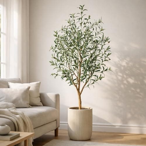 Image of 6FT Artificial Olive Tree, 180cm Tall Faux Olive Plant with Lifelike Fruits, Natural Wood Trunk, Adjustable Branches, Maintenance-Free Fake Tree in pot for Living Room, Home Office Indoor Decor