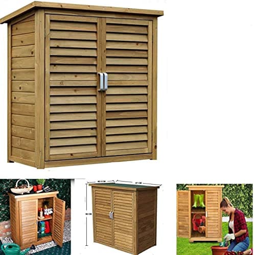 Image of FEFE® Wooden Outdoor Garden Lawn Cabinet Tool Shed Shelf Cupboard Storage Shed Outdoor Storage Shed Chest Double Doors with Shelf Hinged Roof Compact Size 87 x 46.5 x 96cm