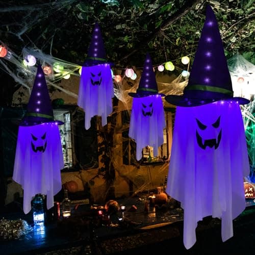 Image of Jsdoin Halloween Decorations Hanging Ghost Illuminated Flying Reaper Skull Chains Ghost White Hat for Garden Yard Halloween Party Lawn Door