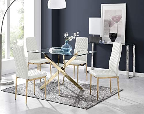 Image of Furniturebox UK Leonardo Rectangular Glass 4 Seater Dining Table with Gold Metal Starburst Legs 120x70cm Modern Minimalist Table with 4 White Faux Leather Milan Gold Leg Dining Chairs