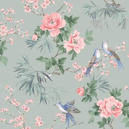 Image of SOPHIE LAURENCE Chinoiserie Wallpaper, Sage Green, Floral and Birds Nature Design, Elegant Wall Paper for Bedroom, Living Room Decor, Washable Wall Covering, 10m Roll for Interior Design