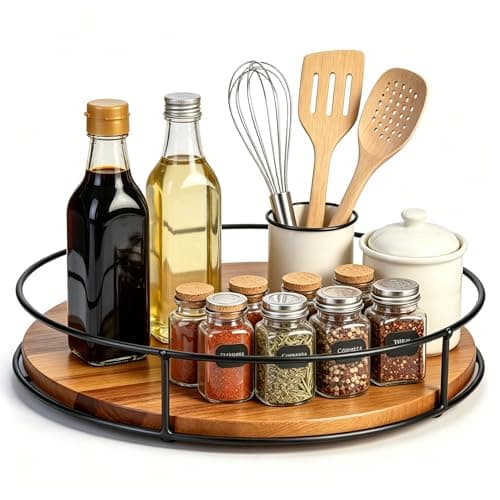 Image of 9" Lazy Susan Turntable, Lazy Susan Cupboard Organiser Wooden Condiment Holder Round Kitchen Cupboard Rotating Tray for Dressers Kitchen Home Decor Organization and Storage