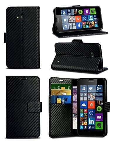Image of HTC Desire 530 Nano SIM - Black Carbon Fibre Style Leather Wallet Flip Skin Case Cover