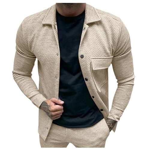Image of Duohropke Men's Button Down Shirt Jacket Casual Brushed Shirt Slim Fit Long Sleeve Work Coat Button Down Overshirt for Men, khaki, L