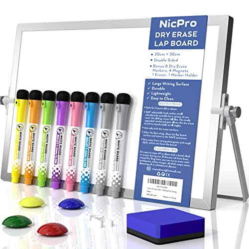 Image of Nicpro Dry Erase Mini Whiteboard A4, 20 x 30 cm Double Sided Small Magnetic Desktop White Board with Stand, 8 Pens, 1 Eraser,4 Magnet, Portable Board Easel for Kids Students School Supplies Office
