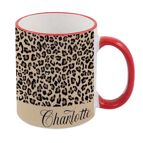 Image of Getagift Personalised Cheetah Print Mug Custom Name, Leopard Print, Animal Print, Coloured Rim Coffee, Tea Mug. (Red Rim)