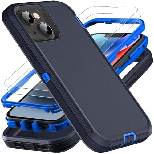 Image of YmhxcY for iPhone 13/14 Case, Military Grade 3 in 1 Heavy Duty Shockproof/Drop Proof/Dust Proof Case with 2Pcs Tempered Glass Screen Protector (Navy Blue)