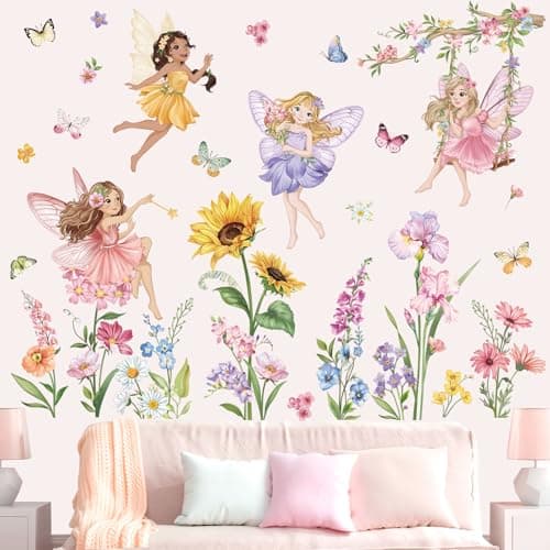 Image of wondever Fairy Flower Wall Stickers Elves Wildflower Sunflower Peel and Stick Wall Art Decals for Girls Bedroom Kids Room Baby Nursery