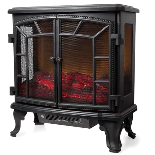 Image of Warmlite Rochester Portable Electric Double Door Fireplace Heater with Realistic LED Flame Effect, Remote Control, 2000W, Black, WL46020