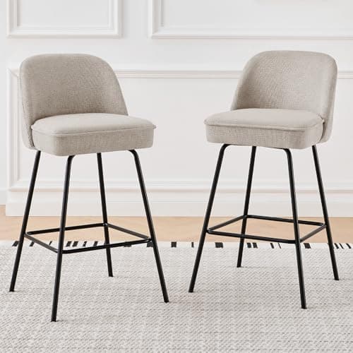 Image of ZOONFA Bar Stool Set of 2 Upholstered Breakfast Stools with Spring Linen Barstool with Metal Legs Modern Stool for Kitchen Counter Island (Beige)