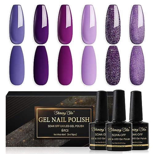 Image of Shining She Nail Polishes Set, 6 Colours Purple Wisteria Rose Purple Polish Set Soak-Off UV/LED Blue Series Nail Polish Gel for Nail Art Salon DIY Home, 8ML