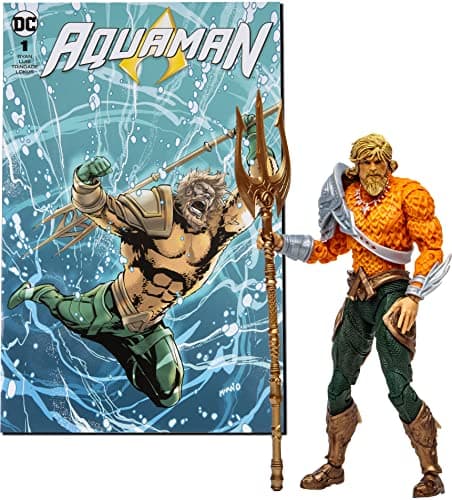 Image of McFarlane Toys DC Direct Page Punchers Aquaman 7-Inch Action Figure - Incredibly Detailed King of Atlantis with Ultra Articulation, Trident, Comic, and Collectible Art Card