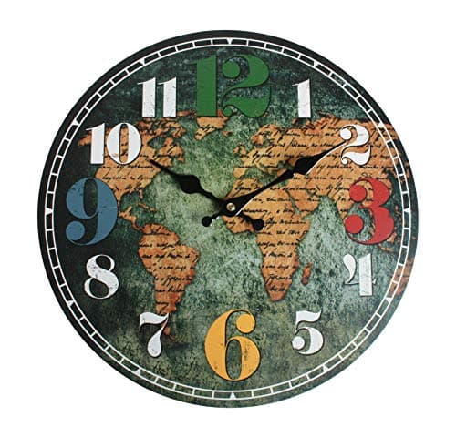 Image of Emartbuy 13 Inch (32.5 cm) Chic Vintage Style Round Large Wall Clock Decor Battery Operated for Kitchen Living Room Bedroom Office - World Map