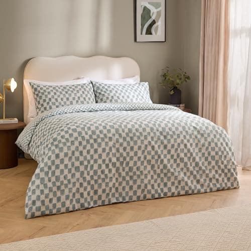 Image of furn. Hoem Nyhavn Duvet Cover Set – Reversible Check Cotton Rich Scandi Bedding (Aqua - King)