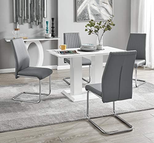Image of Furniturebox UK Imperia Modern White High Gloss Dining Table and 4 Lorenzo Chrome Leather Dining Chairs Set (Dining Table + 4 Grey Lorenzo Chairs)