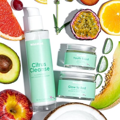 Image of WildMint Glow to Sleep Kit Luxury Gift | Hydrating Cleanser, Serum & Night Cream | Natural Skincare for Menopause, Dark Spots, Dryness, Redness, Sensitive & Mature Skin | UK, Vegan & Cruelty-Free