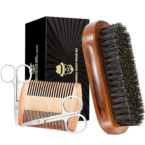Image of Boar Bristle Beard Brush for Men, Beards and Mustaches Grooming Set Including 100% Pure Boar Bristle Beard Brush, Beard Comb, 2 Pcs Mustache Scissors, and Travel Bag