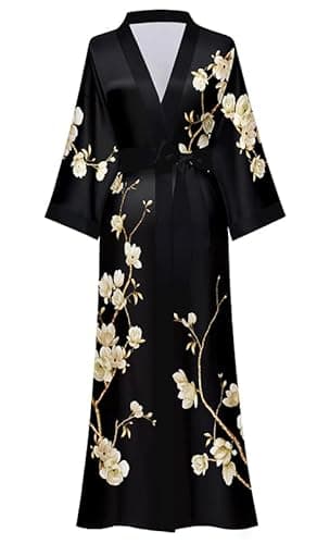 Image of EORUBE Long Kimono Robe Women Cover Up Print Floral Satin Sleepwear Silky Bathrobe Bachelorette Robe (Black - Magnolia)