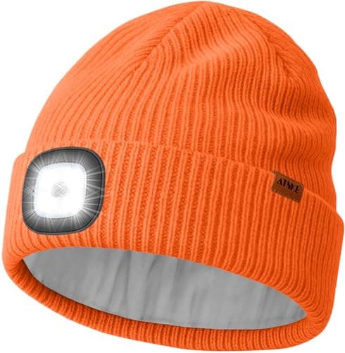 Image of ATNKE LED Lighted Beanie Hat with Lined Fleece, USB Rechargeable 4 LED Running Headlamp Ultra Bright Hands Free Head Torch Winter Warm Wooly Knit Skull Cap Gifts for Men and Women/Orange