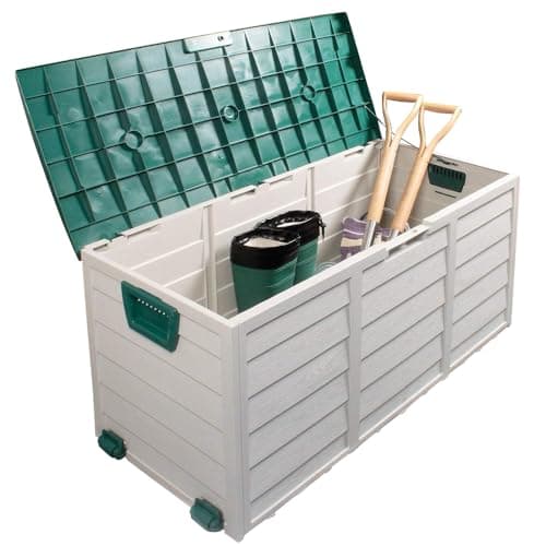 Image of Outdoor Garden Furniture Storage Box - Plastic Seat Utility Chest Cushion Shed Box For Garden Tools, Toys, Equipment | Safe and Secure - All Weather Resistant | Indoor - Green Lid, Handles and Wheels