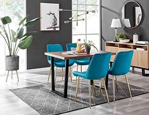 Image of Furniturebox UK Dining Set - Kylo 120cm Large Brown Wood Effect 4 Seater Dining Table with Industrial Black Legs & 4 Blue Velvet Gold Leg Pesaro Dining Chairs