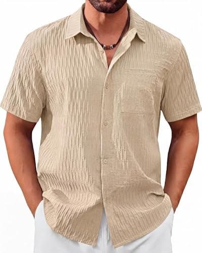 Image of TACVASEN Mens Casual Shirts Short Sleeve Summer Beach Shirts Lightweight Textured Shirts with Pocket Khaki M