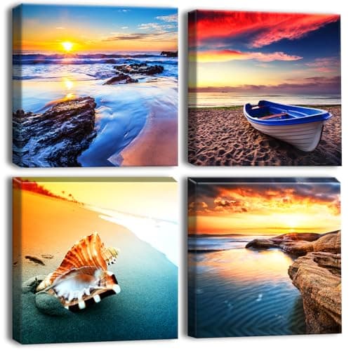 Image of Artscope 4 Pieces Wall Art Canvas Prints - Sunset Seaside Scenery Picture Painting- Modern Wall Artwork Framed for Bathroom Home Office Decor - 30 x 30 CM