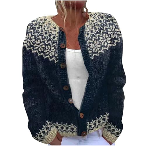 Image of TURWXGSO Cardigans for Women UK Retro Ethnic Print Jumper Warm Casual Ladies Knitted Crew Neck Front Button Up Aran Cardigan Long Sleeve Lightweight Sweater Jackets Knitwear