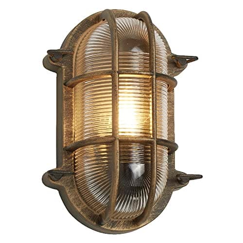 Image of Britalia Antique Gold Brass & Ribbed Glass Outdoor Vintage Oval Flush Bulkhead Wall Light | 248mm Length | IP44 Rated | 1 x ES E27 Lamp Bulb Required | Bathroom Use | UK Approved
