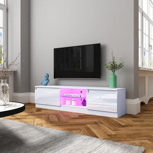 Image of TV Cabinet with LED Light 2 Doors 2 Glass Shelves for Living Room Furniture Sideboard High Gloss Front TV Stand Unit Entertainment Centre TV Console Media White 160 cm for TVs up to 75 Inches