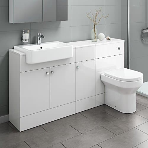 Image of 1500 mm Combined Gloss White Vanity Unit Back to Wall Toilet WC Basin Bathroom Storage Furniture Pan (Flat Pack)